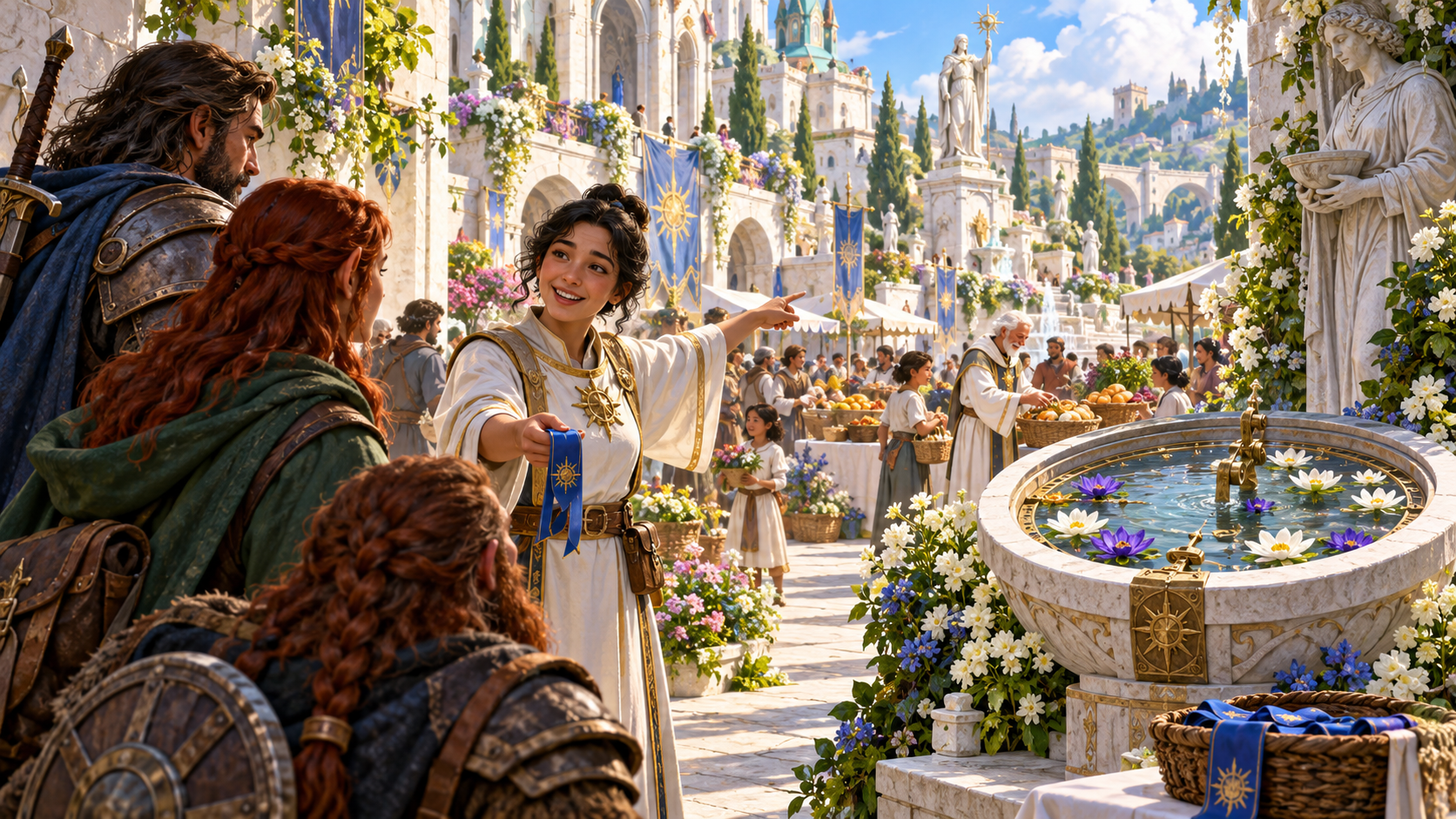 Temple assistant speaking to adventurers beside a fountain and pointing towards a festival