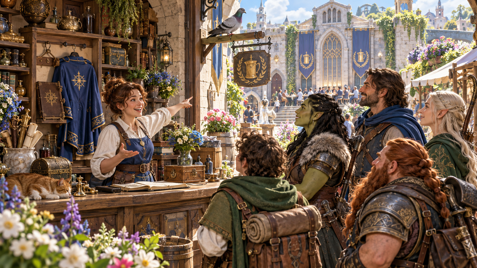 Merchant assistant speaking to adventurers and pointing towards a busy plaza